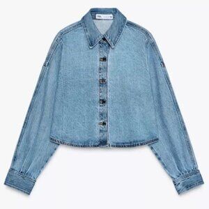 Zara Cropped Oversized Denim Shirt Mid-Blue Sz. S